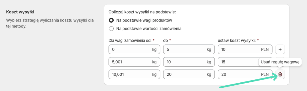 Usuwanie reguł wagowych / cenowych