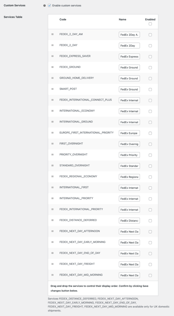 Woocommerce Fedex Custom Services Settings