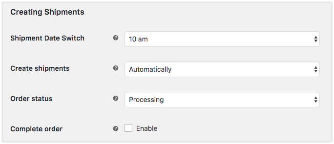 Create Shipments section on the configuration screen