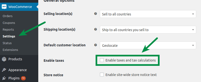 WooCommerce settings: Enable taxes checkbox
