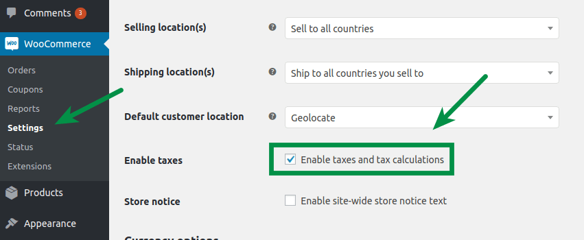 WooCommerce Settings: Taxes enabled checkbox marked