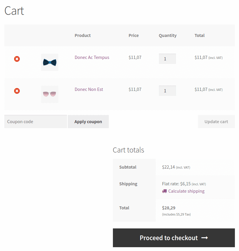 Prices: entered without tax, displayed with tax (cart page)