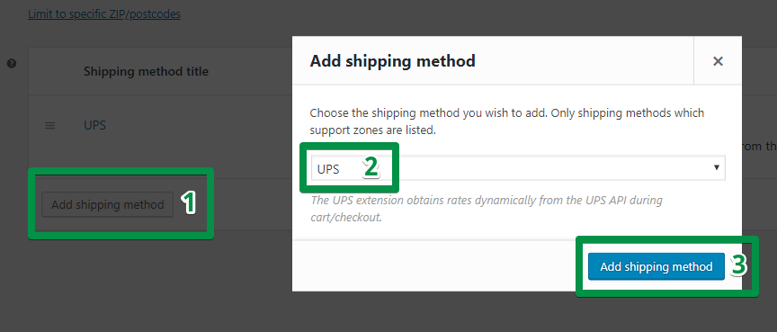 Add UPS shipping method in an 'Add shipping method' box in WooCommerce (screenshot)