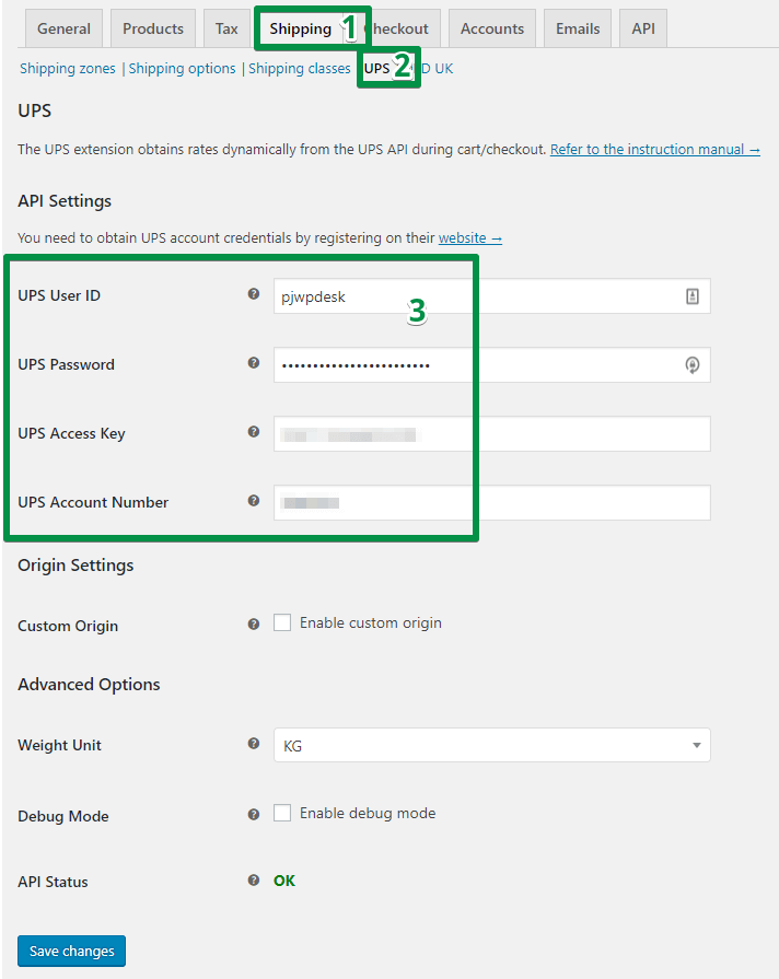 WooCommerce UPS - settings screen