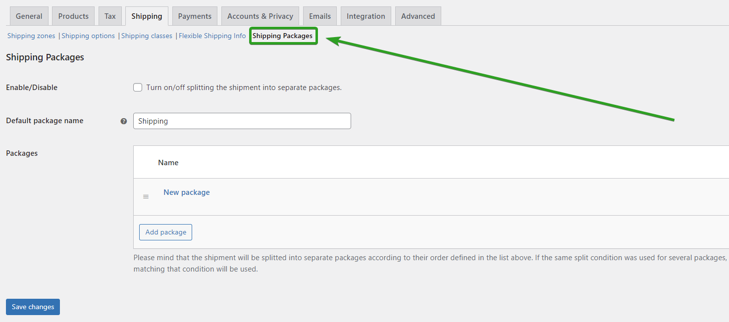 shipping packages WooCommerce plugin settings